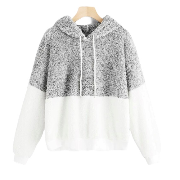 Teddy Hoodie Soft Fuzzy Sweatshirt Colorblock - Picture 2 of 7